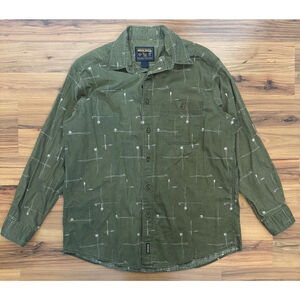 Woolrich AOP Button Up Shirt Men’s XL Olive Green Outdoor Camp Fishing Utility